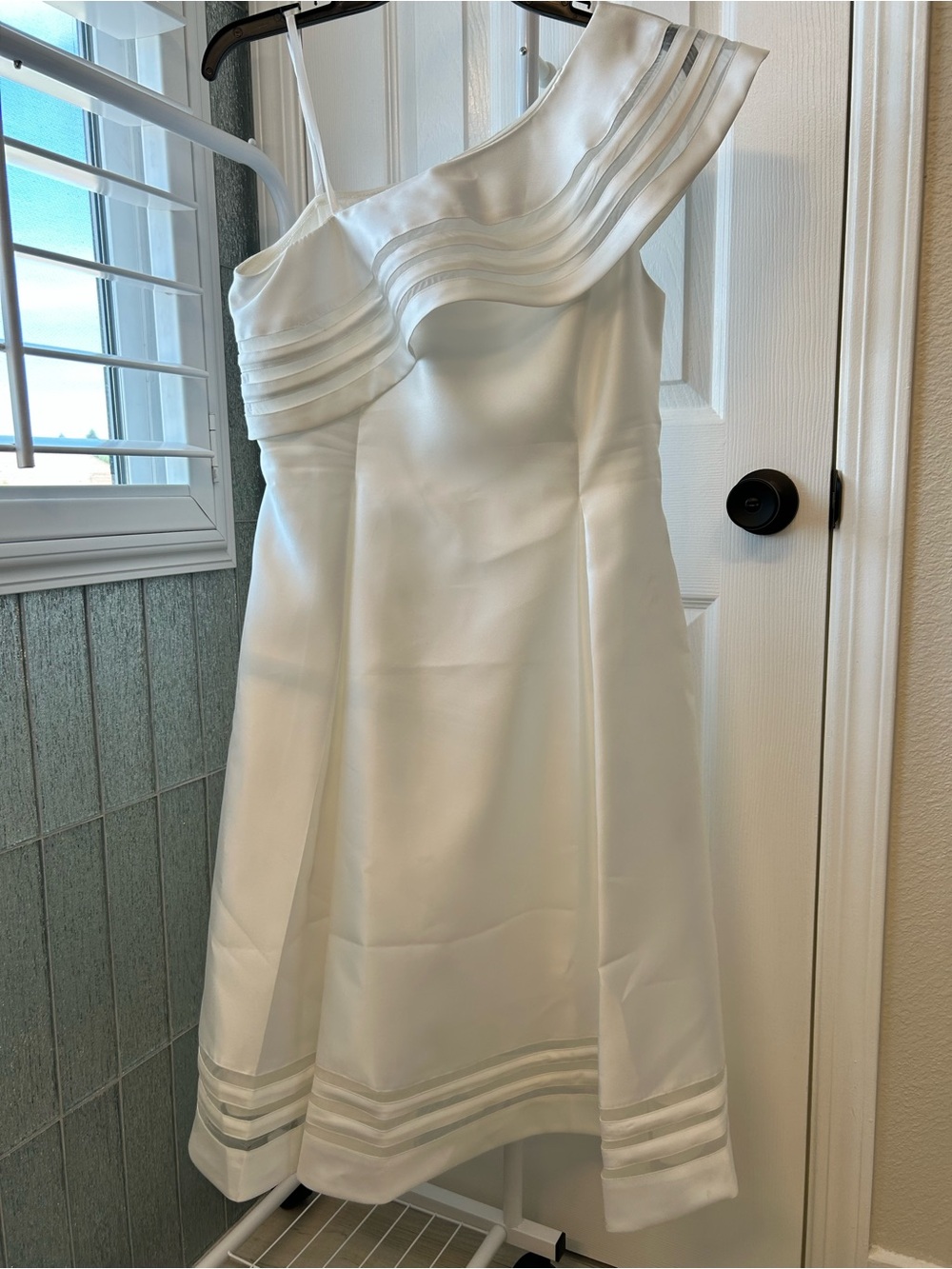 Adrianna Papell Ivory One-Shoulder A-Line Dress with pockets